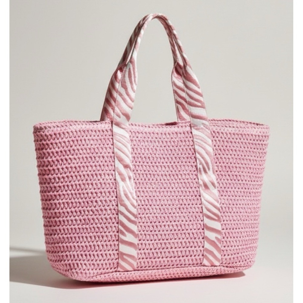 Vintage Havana Tote Bag Women Large Pink Excellent Zebra Print Straw Summer